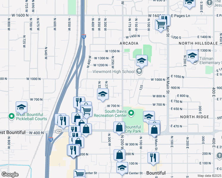 map of restaurants, bars, coffee shops, grocery stores, and more near 259 West 925 North in Bountiful