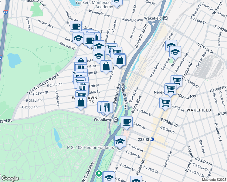 map of restaurants, bars, coffee shops, grocery stores, and more near 517 East 236th Street in Bronx