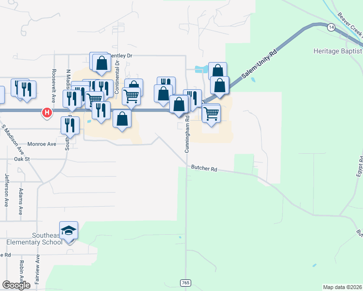 map of restaurants, bars, coffee shops, grocery stores, and more near 313 Cunningham Road in Salem