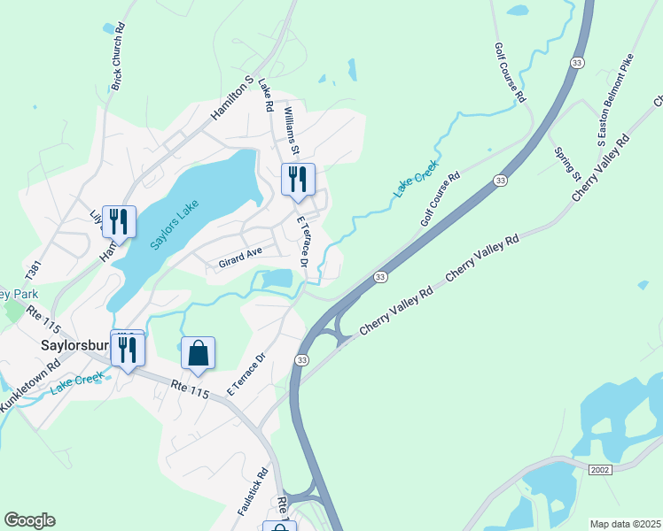 map of restaurants, bars, coffee shops, grocery stores, and more near 106 Paupaunoming Street in Saylorsburg