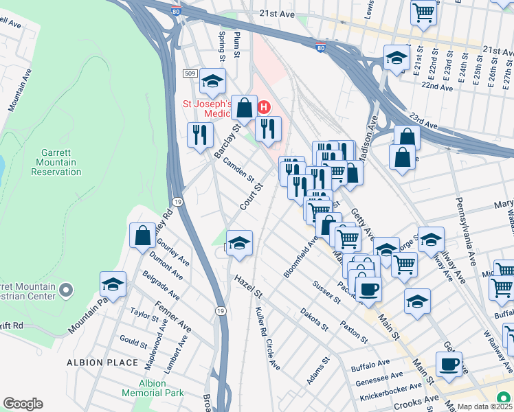 map of restaurants, bars, coffee shops, grocery stores, and more near 208 Atlantic Street in Paterson