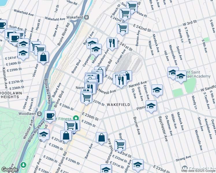 map of restaurants, bars, coffee shops, grocery stores, and more near 4438 Furman Avenue in Bronx
