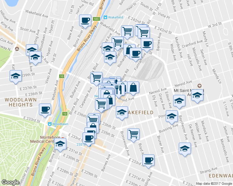 map of restaurants, bars, coffee shops, grocery stores, and more near 4421 White Plains Road in Bronx