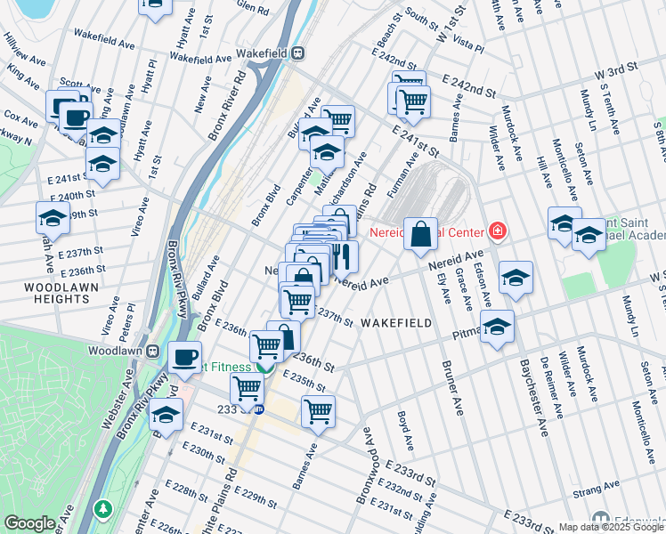 map of restaurants, bars, coffee shops, grocery stores, and more near 4421 White Plains Road in Bronx