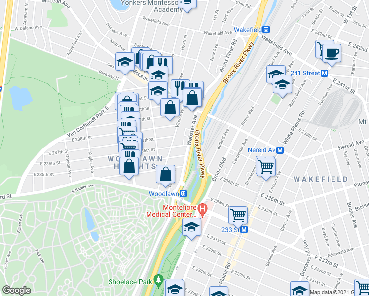 map of restaurants, bars, coffee shops, grocery stores, and more near 517 East 236th Street in Bronx