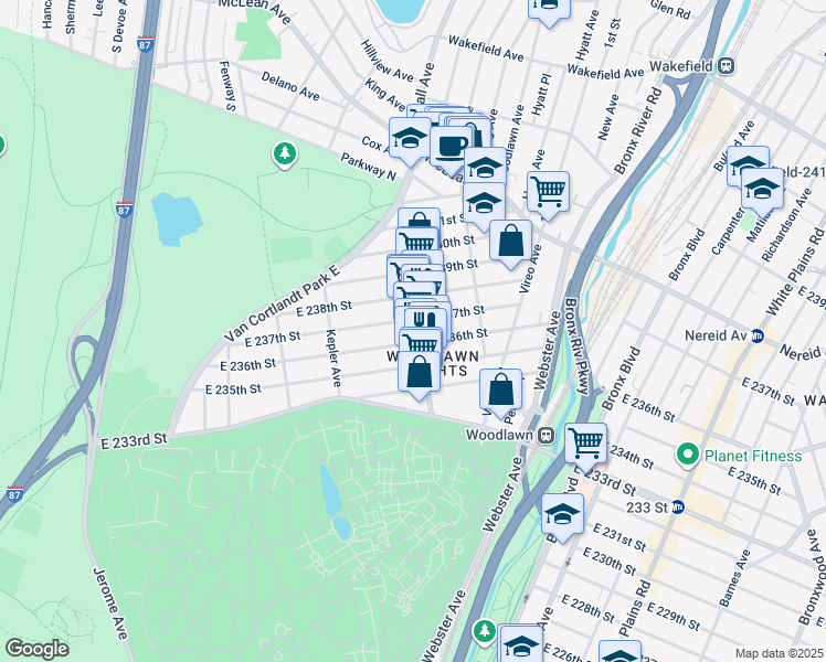 map of restaurants, bars, coffee shops, grocery stores, and more near in The Bronx