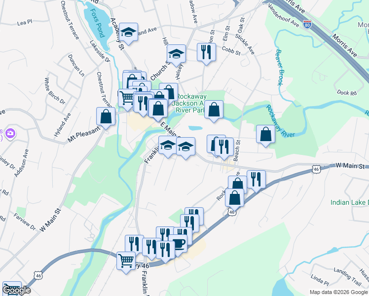 map of restaurants, bars, coffee shops, grocery stores, and more near 66 East Main Street in Rockaway