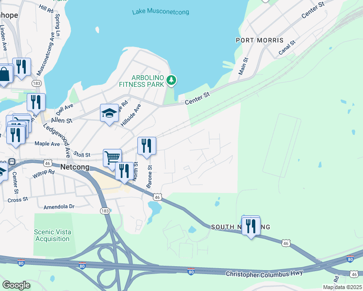 map of restaurants, bars, coffee shops, grocery stores, and more near 37 West Railroad Avenue in Netcong