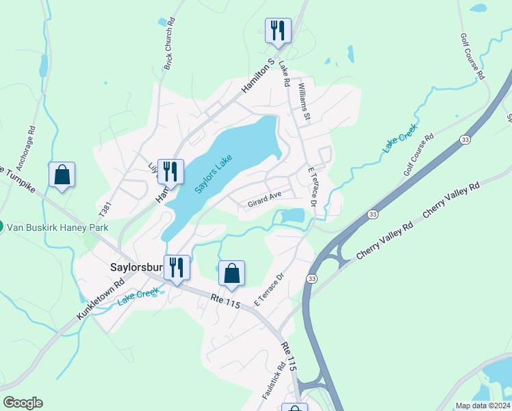 map of restaurants, bars, coffee shops, grocery stores, and more near 611 McCabe Lane in Saylorsburg