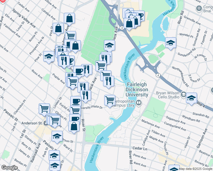 map of restaurants, bars, coffee shops, grocery stores, and more near 139-221 University Plaza Dr in Hackensack