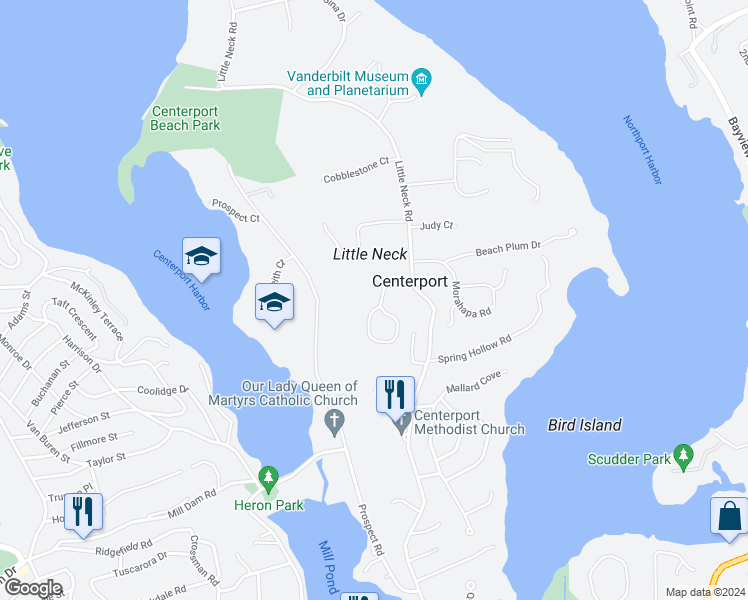 map of restaurants, bars, coffee shops, grocery stores, and more near 18 Marys Lane in Centerport