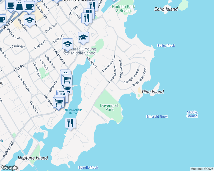 map of restaurants, bars, coffee shops, grocery stores, and more near Davenport Ln in New Rochelle
