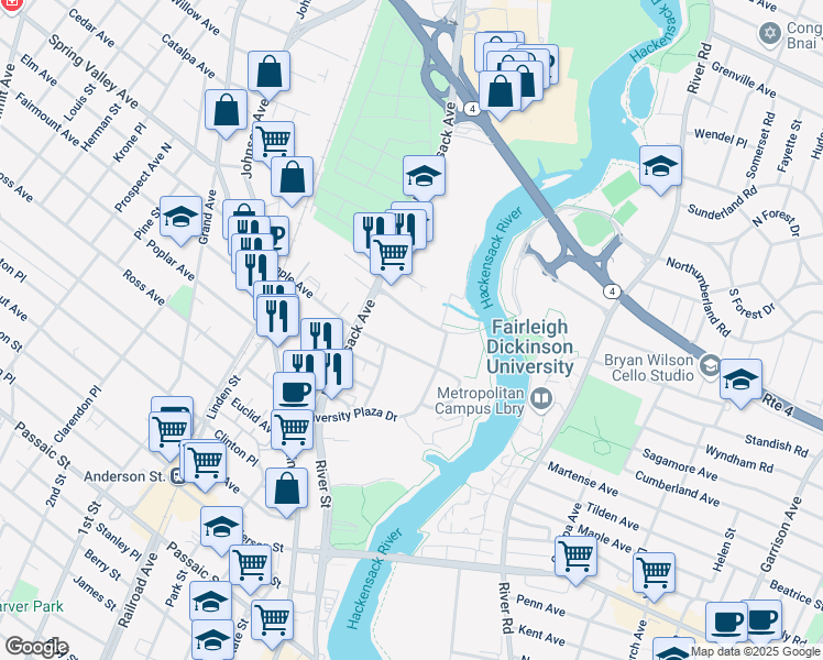 map of restaurants, bars, coffee shops, grocery stores, and more near 139 University Plaza Drive in Hackensack