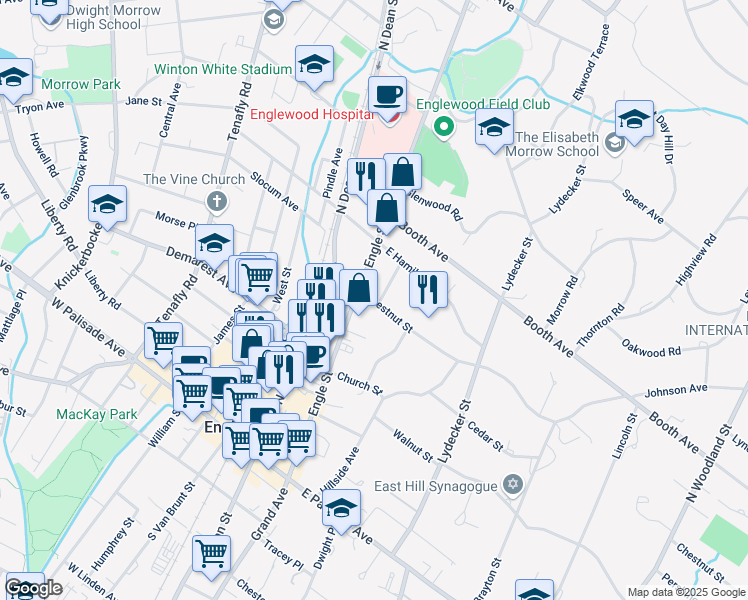 map of restaurants, bars, coffee shops, grocery stores, and more near 183 Engle Street in Englewood