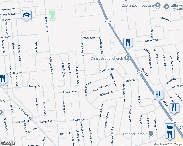 map of restaurants, bars, coffee shops, grocery stores, and more near 12 Wycomb Court in Coram