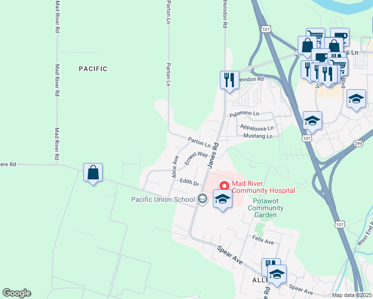 map of restaurants, bars, coffee shops, grocery stores, and more near 3228 Alice Ave in Arcata