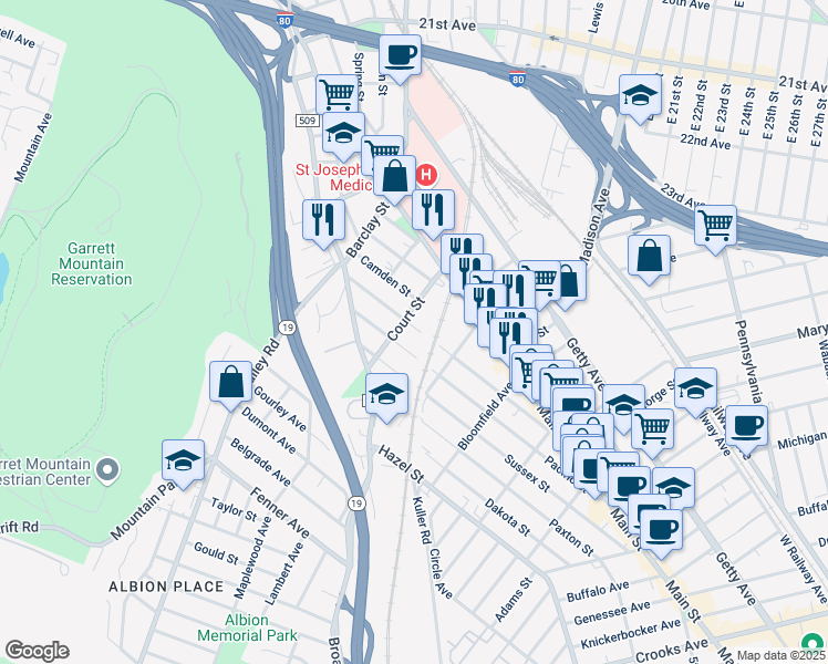 map of restaurants, bars, coffee shops, grocery stores, and more near 206 Atlantic Street in Paterson