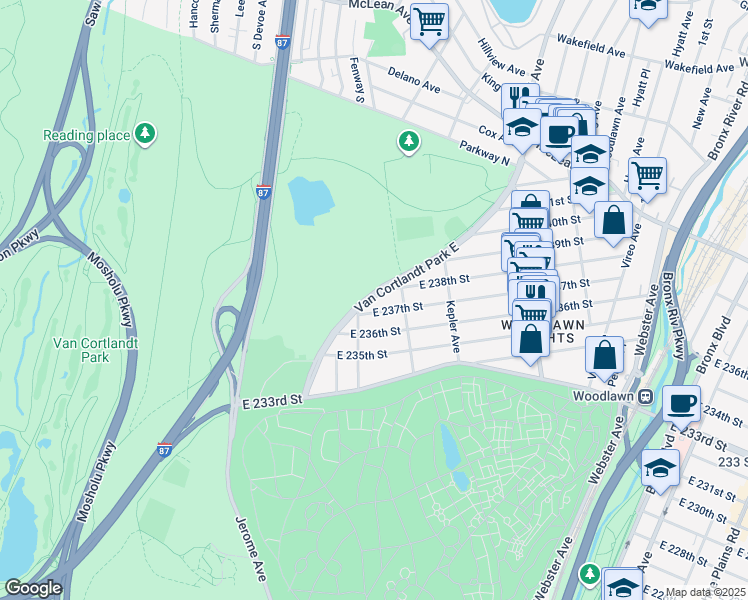 map of restaurants, bars, coffee shops, grocery stores, and more near 4320 Van Cortlandt Park East in The Bronx