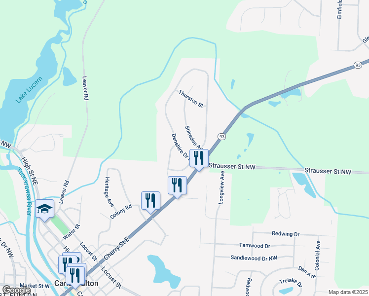 map of restaurants, bars, coffee shops, grocery stores, and more near 726 Shireden Avenue in Canal Fulton
