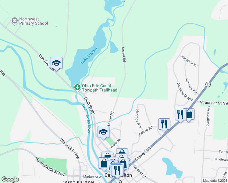 map of restaurants, bars, coffee shops, grocery stores, and more near 365 Alexis Lane in Canal Fulton