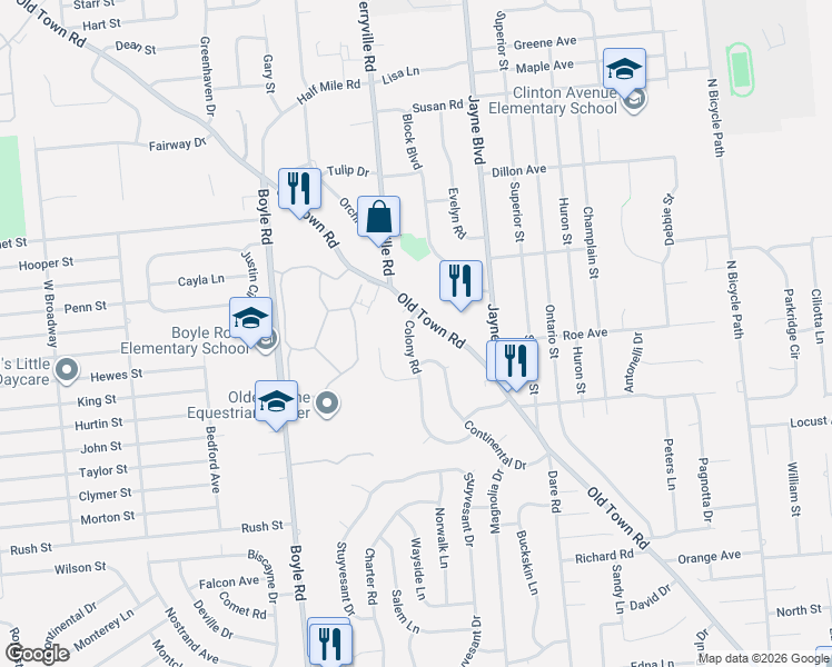 map of restaurants, bars, coffee shops, grocery stores, and more near 696 Old Town Road in Port Jefferson Station
