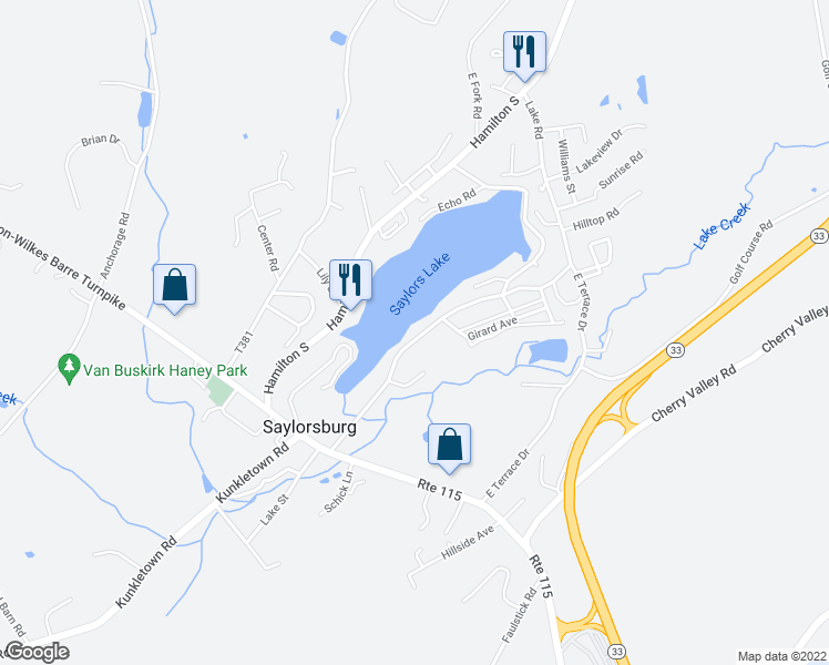 map of restaurants, bars, coffee shops, grocery stores, and more near 163 Lake Road in Saylorsburg