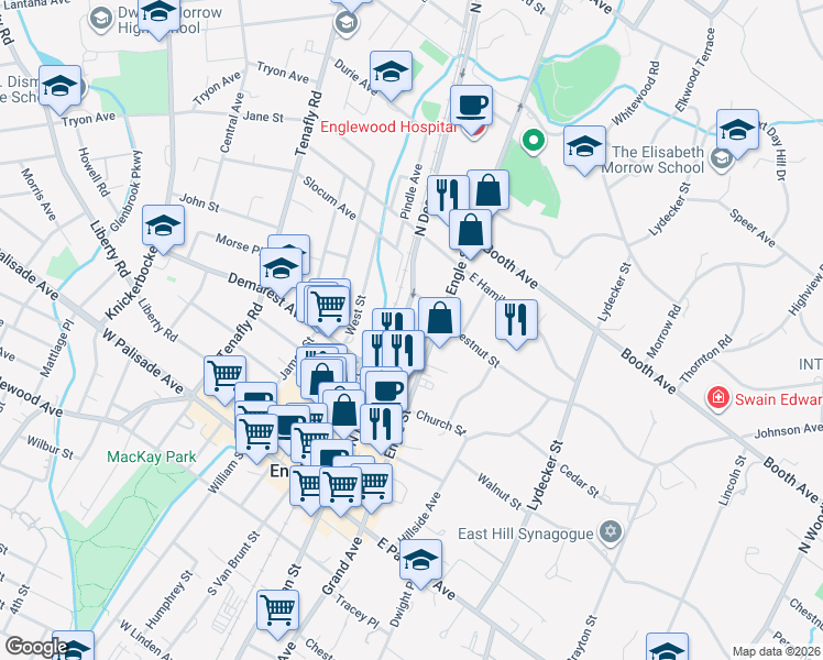 map of restaurants, bars, coffee shops, grocery stores, and more near 169 North Dean Street in Englewood