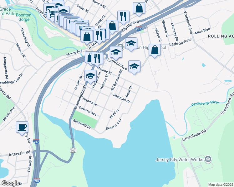 map of restaurants, bars, coffee shops, grocery stores, and more near 247 Roosevelt Avenue in Boonton Township