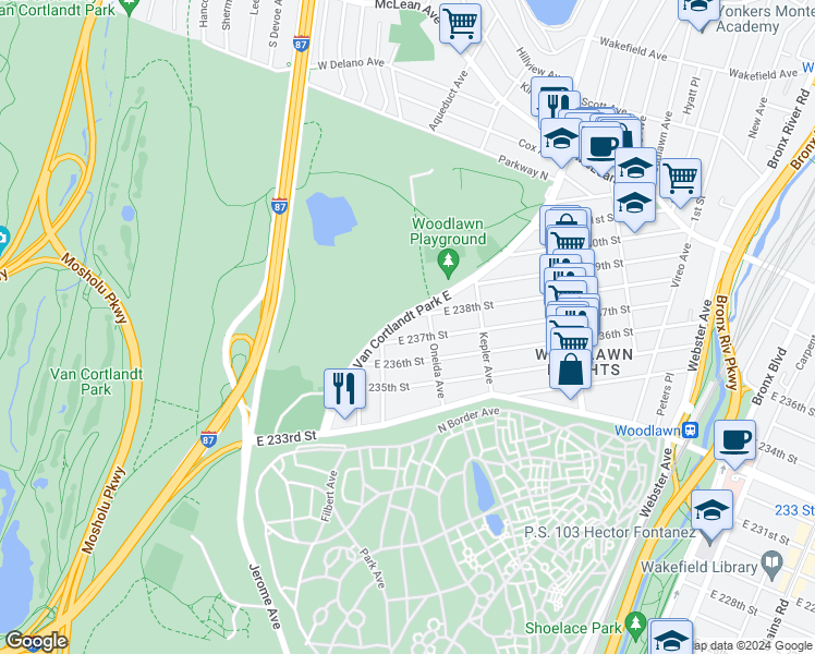 map of restaurants, bars, coffee shops, grocery stores, and more near 4320 Van Cortlandt Park East in The Bronx