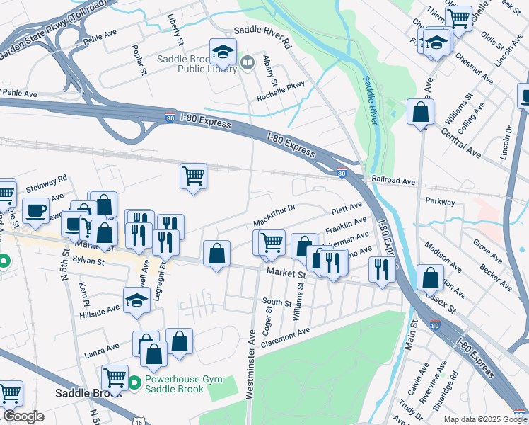 map of restaurants, bars, coffee shops, grocery stores, and more near 100 Mayhill Street in Saddle Brook