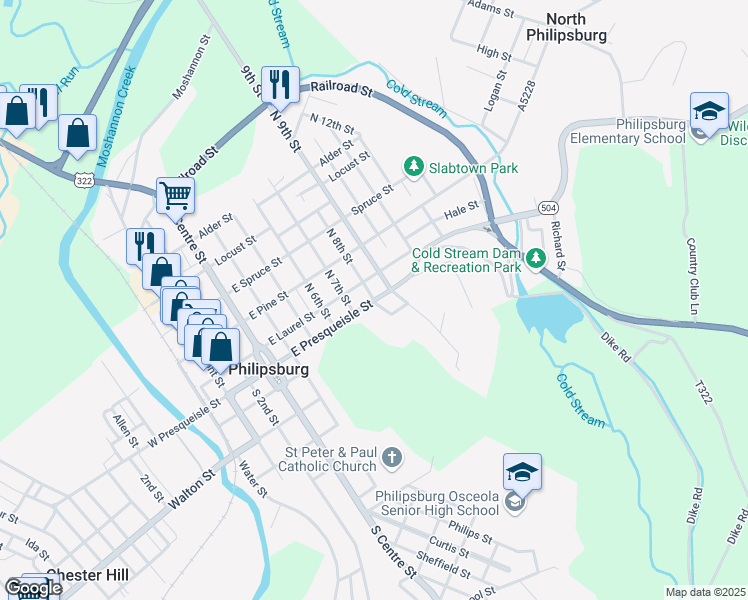 map of restaurants, bars, coffee shops, grocery stores, and more near East Presqueisle Street in Philipsburg