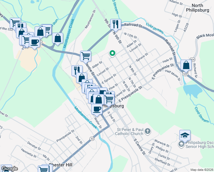 map of restaurants, bars, coffee shops, grocery stores, and more near 309 East Spruce Street in Philipsburg