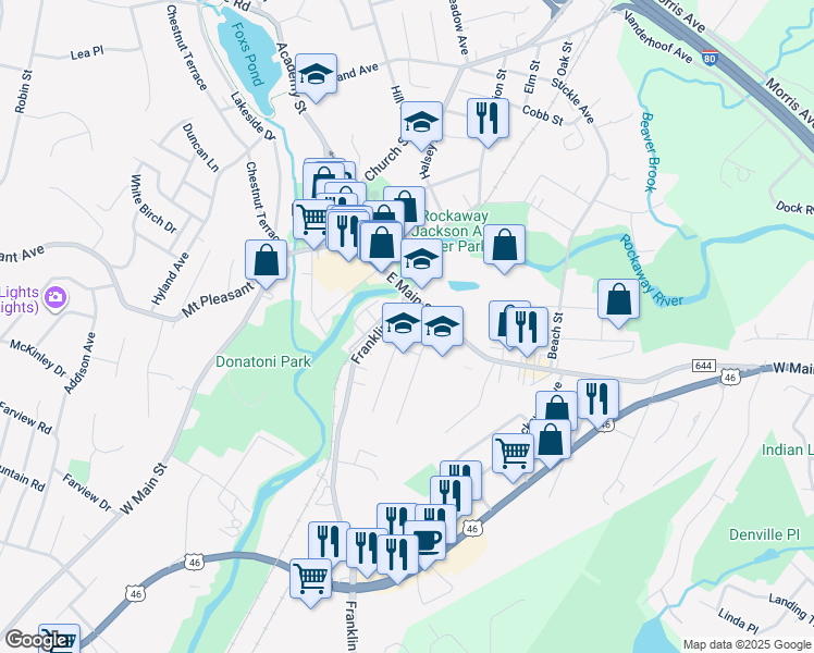 map of restaurants, bars, coffee shops, grocery stores, and more near 16 Franklin Avenue in Rockaway