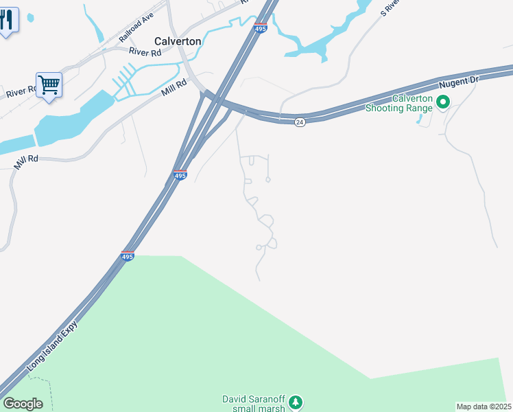 map of restaurants, bars, coffee shops, grocery stores, and more near 126 Hill Spur in Calverton