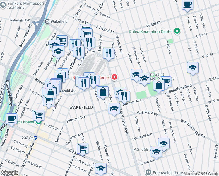 map of restaurants, bars, coffee shops, grocery stores, and more near 1960 Nereid Avenue in Bronx