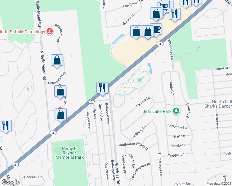map of restaurants, bars, coffee shops, grocery stores, and more near 3837 New York 347 in Centereach