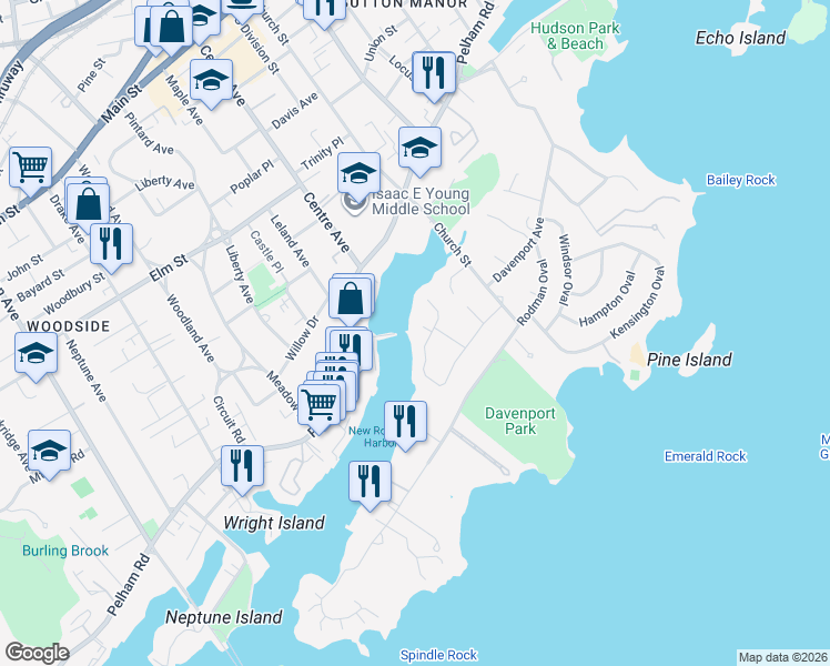 map of restaurants, bars, coffee shops, grocery stores, and more near 31 Clover Place in New Rochelle