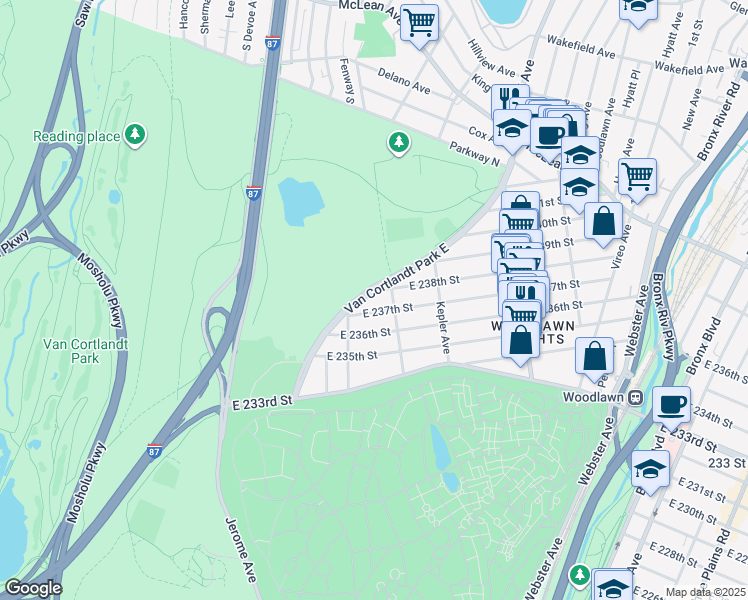 map of restaurants, bars, coffee shops, grocery stores, and more near 68 East 238th Street in Bronx