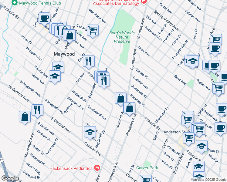 map of restaurants, bars, coffee shops, grocery stores, and more near 430 Passaic Street in Hackensack