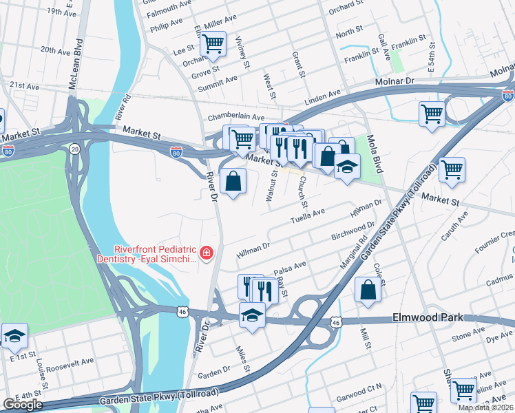 map of restaurants, bars, coffee shops, grocery stores, and more near 52 Elmhurst Street in Elmwood Park