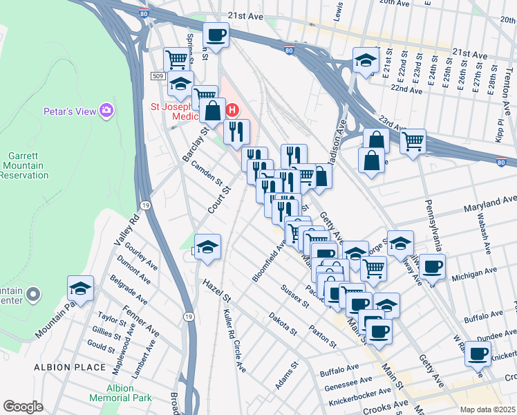 map of restaurants, bars, coffee shops, grocery stores, and more near 123 Newark Avenue in Paterson