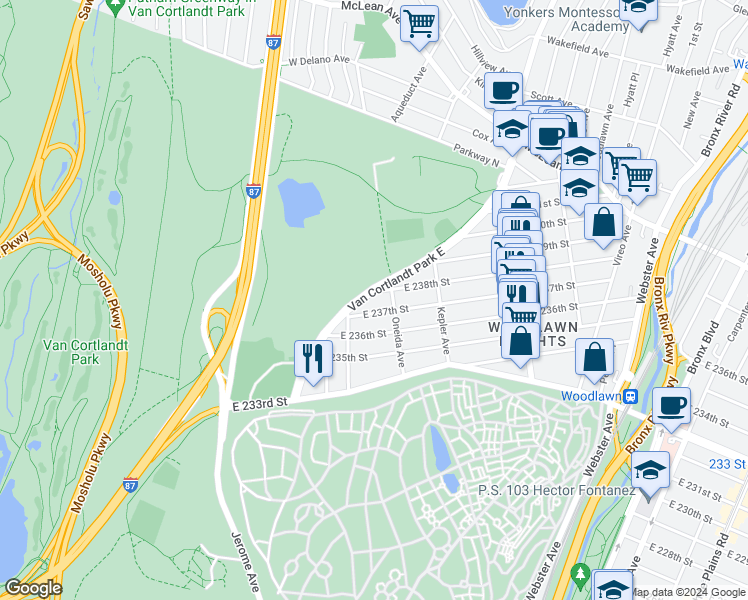 map of restaurants, bars, coffee shops, grocery stores, and more near 68 East 238th Street in Bronx