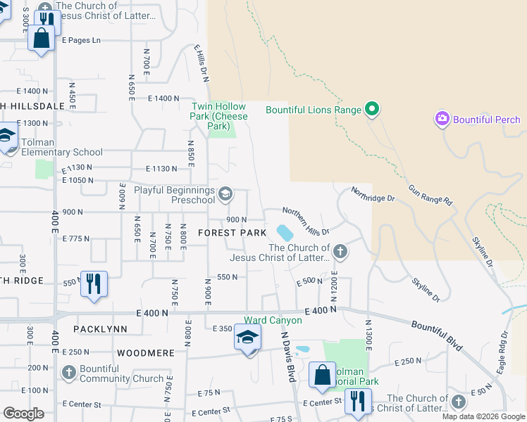 map of restaurants, bars, coffee shops, grocery stores, and more near 908 Northern Hills Drive in Bountiful