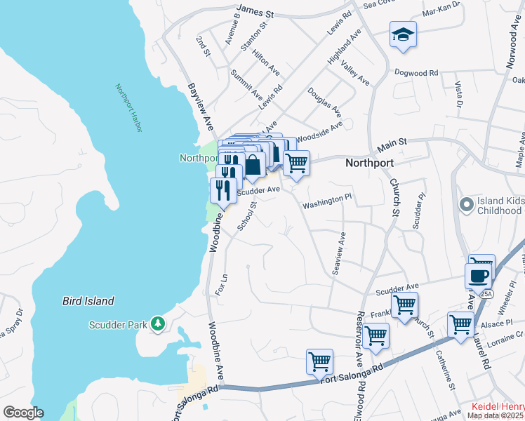 map of restaurants, bars, coffee shops, grocery stores, and more near 50 School Street in Northport