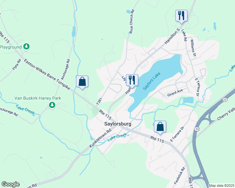 map of restaurants, bars, coffee shops, grocery stores, and more near 101 Harley Road in Saylorsburg