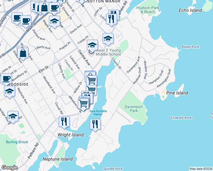 map of restaurants, bars, coffee shops, grocery stores, and more near 31 Clover Place in New Rochelle