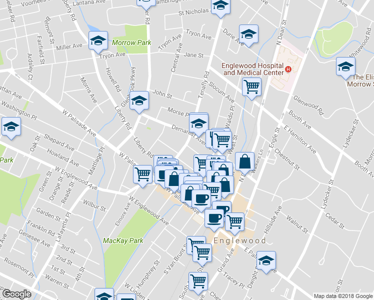 map of restaurants, bars, coffee shops, grocery stores, and more near 89-199 Henry Street in Englewood