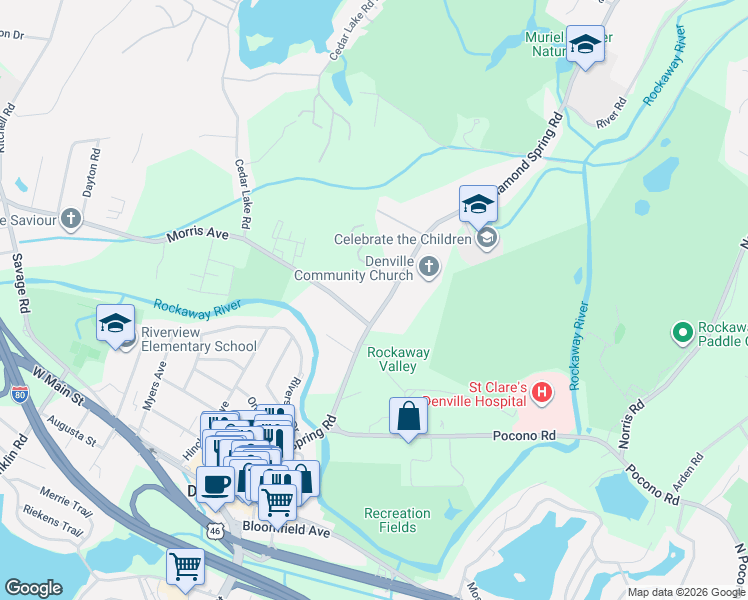 map of restaurants, bars, coffee shops, grocery stores, and more near 169 Diamond Spring Road in Denville