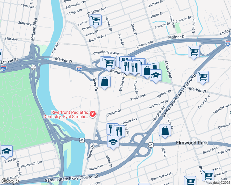 map of restaurants, bars, coffee shops, grocery stores, and more near 52 Elmhurst Street in Elmwood Park