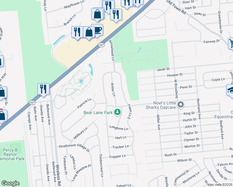 map of restaurants, bars, coffee shops, grocery stores, and more near 89 Fawn Lane in Centereach